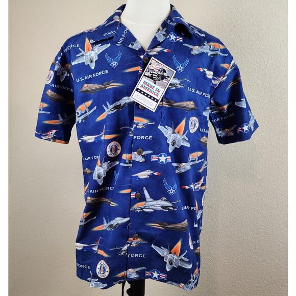 Max Boxxer USA Mens Med Short Sleeve Blue Camp Shirt Air Force Airplanes NWT - Picture 1 of 6